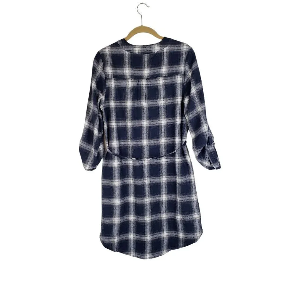 Kate Kasin Flannel Tunic Popover Shirt Dress Blue Gray Plaid Womens Size Small - Picture 2 of 6